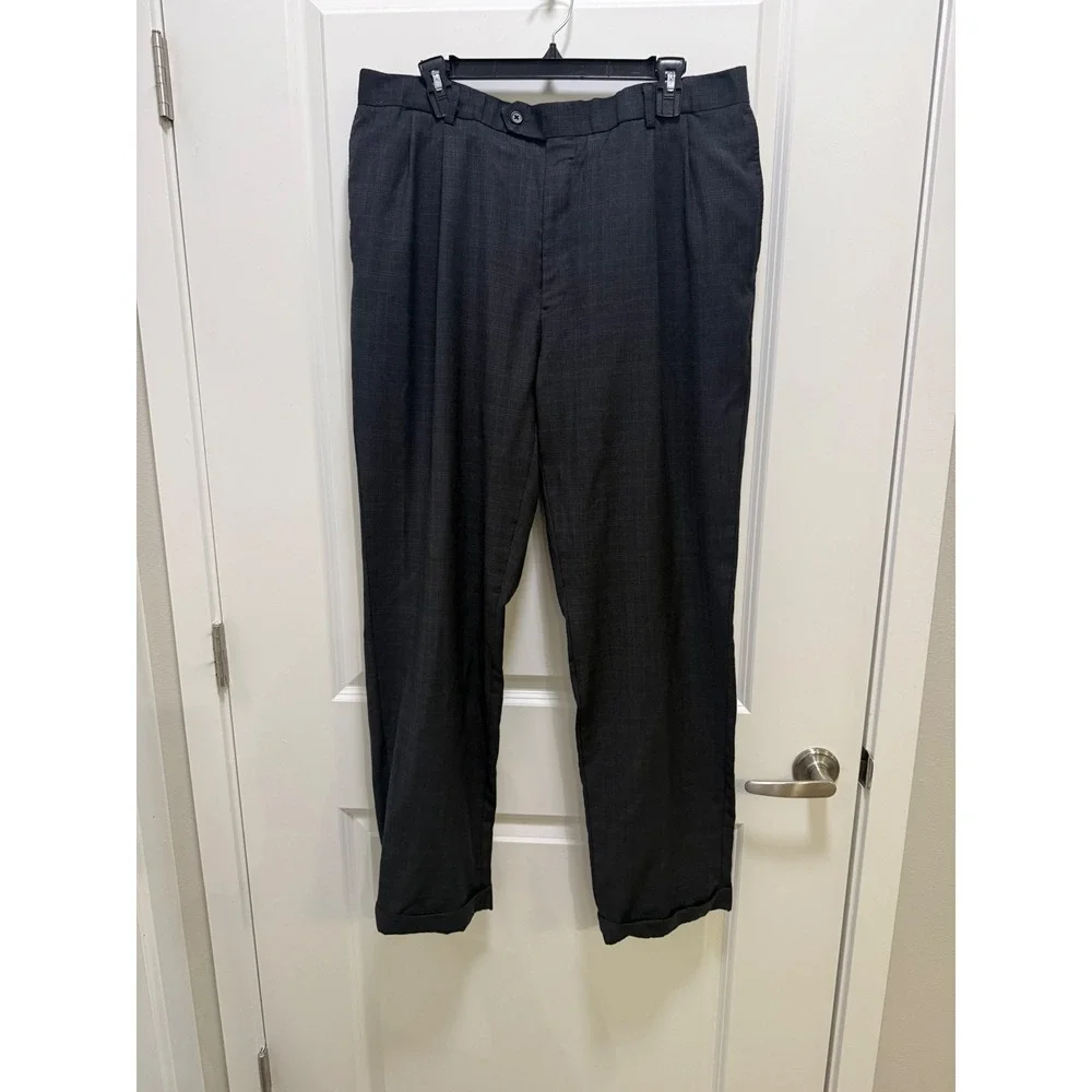Hart Schaffner Marx Mens 38 Grey Glen Plaid 100% Wool Pleated Cuffed Dress Pants